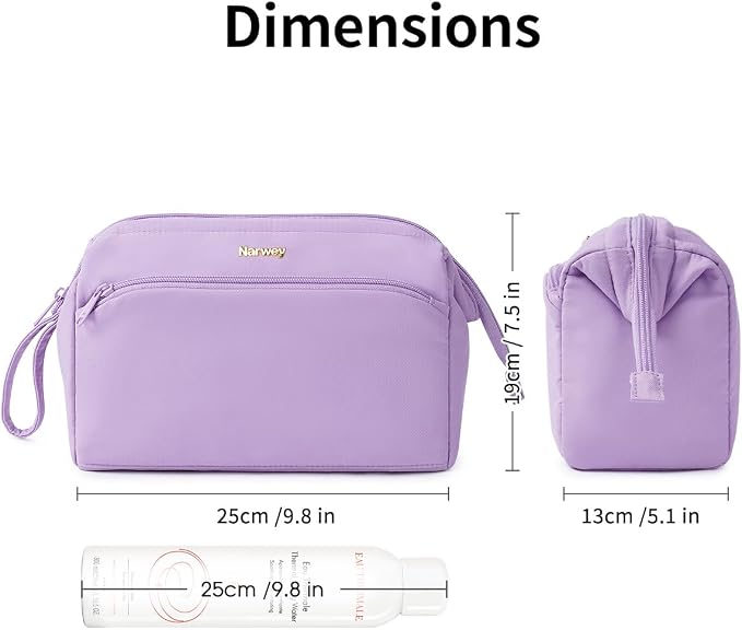 Narwey Large Travel Makeup Bag For Women Girls, Wide Open Cosmetic Bag, Portable Toiletry Bag for Cosmetics, Toiletries, Skincare, Brushes (Purple) - Image 2