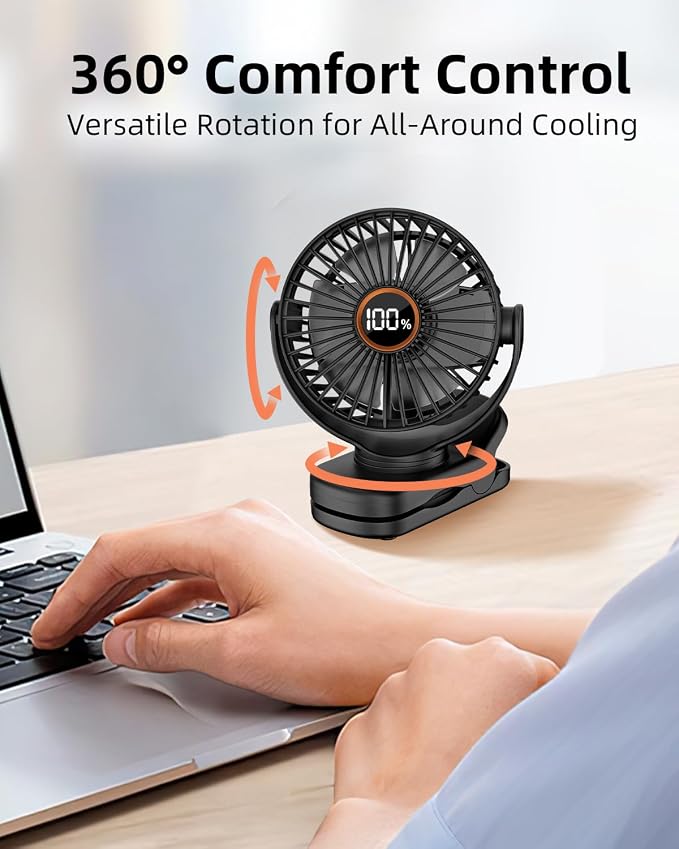 buywoo Portable Mini Personal Fan, Small Rechargeable Battery Powered Stroller Fan for Desk, Strong Clamp Grip, 360° Rotation, 3-Speed, LED Display, Clip On Cooler for Bed, Golf Cart, Office, Black - Image 2