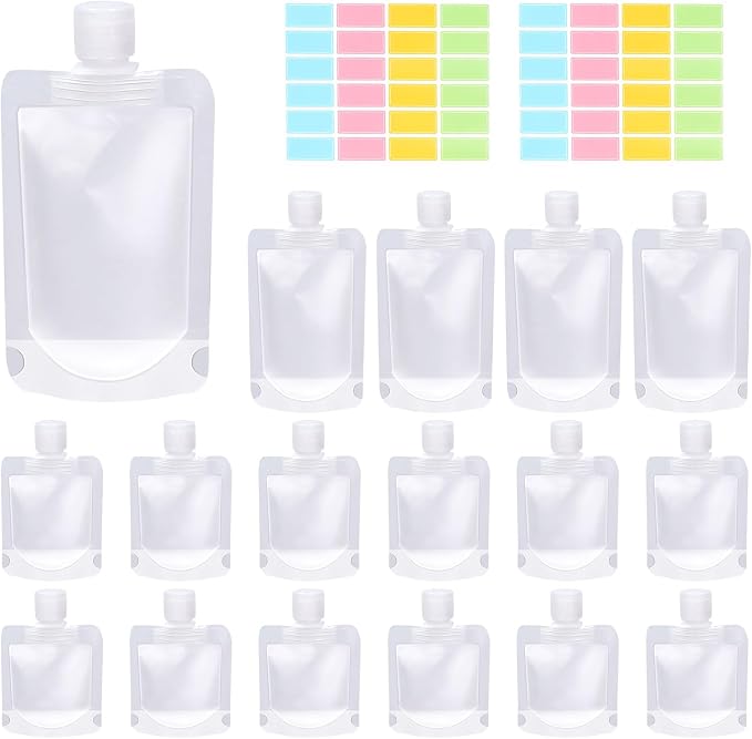 Swpeet 24 Pack 3 Sizes 30ML 50ML 100ML Travel Pouches with Label Paper Assortment Kit, Empty Squeeze Pouches TSA Approved Stand Up Pouch for Toiletry, Portable Travel Fluid Makeup Packing Bag by Swpeet