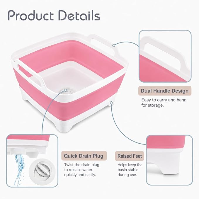2.4 Gal(9L) Collapsible Dish Basin with Drain Plug, Space Saving Outdoor Multiuse Foldable Sink Tub, Dishpan, Kitchen Storage Tray for Camping, Vegetable Washing, RV (Pink) - Image 3