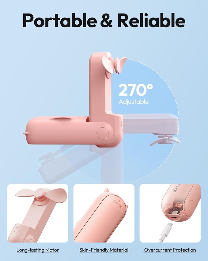 Gaiatop Portable Handheld Fan, 3 in 1 Mini Fan Handheld [17h Max Cooling], Foldable Personal Fans Pocket Design, USB Travel Fans Portable, Lash Trip Summer Essential Cute Gifts for Women Girl, Pink - Image 5