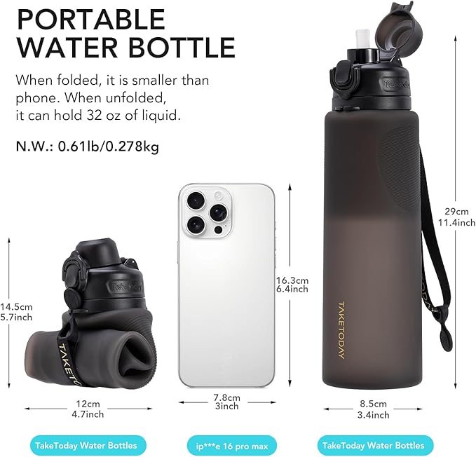 TakeToday Collapsible Water Bottles 32oz, Foldable Travel Water Bottle, BPA Free, Silicone Water Bottle Leakproof for Hiking, International Travel, Outdoors - Image 3