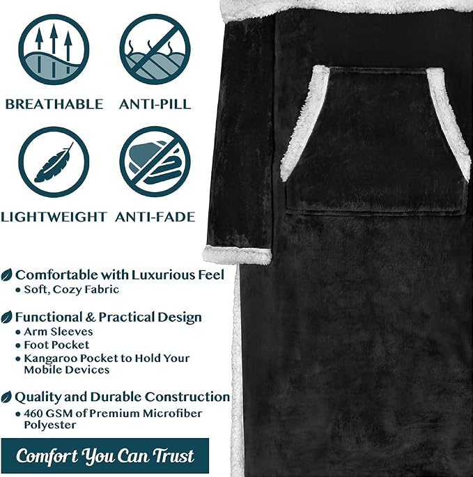 PAVILIA Sherpa Blanket with Sleeves, Foot Pocket for Women Men Adults, Thick Wearable Blanket Throw Wrap, Fleece Warm Snuggle Blanket Robe, Cozy Gift Ideas Wife Mom, Black - Image 4