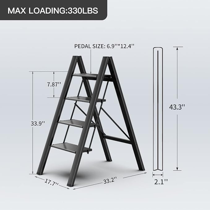 4 Step Ladder, Folding Step Stool with Anti-Slip Wide Pedal | Lightweight, Aluminum Material, 330LBS Load, Portable, Easy Storage, Space Saving, for Kitchen, Bedroom Use, Black - Image 5