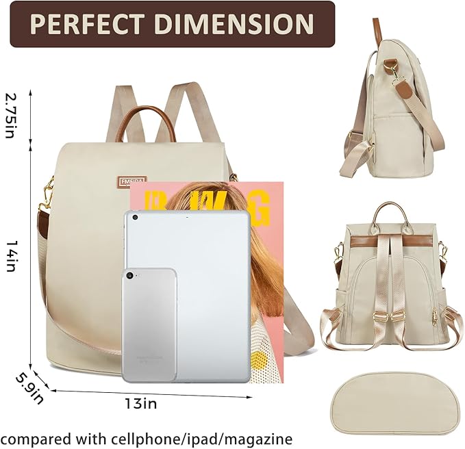 Anti Theft Backpack Purse for Women Convertible Nylon Backpack Beige | Hidden Back Zipper Opening, Compact Travel Size,Summer Purse, Daypack for College Work, Fits 13-inch laptop - Image 3