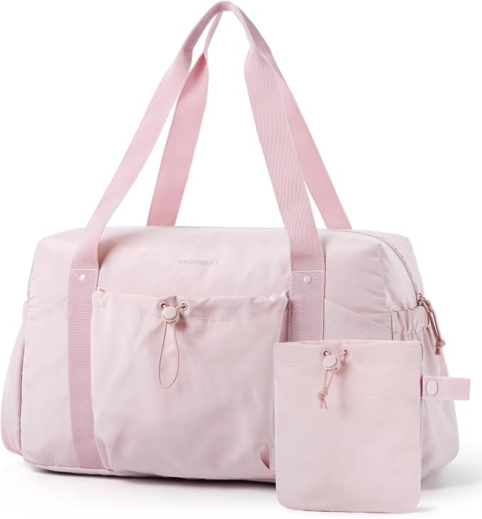BAGSMART Foldable Travel Duffle Bag for Women, Gym Tote for Sports, Pink | 26L Airport Carry On Weekender Overnight Bag for Travel, Travel Accessories by BAGSMART