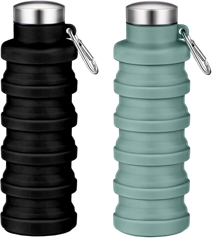 Collapsible Water Bottles,16oz Capacity Portable Reusable Silicone Water Bottle,Leak-proof,with buckle,foldable storage,Lightweight Durable for Fitness,Cycling,Sports,Camping,Hiking(Black+Dark Green) by Unknown