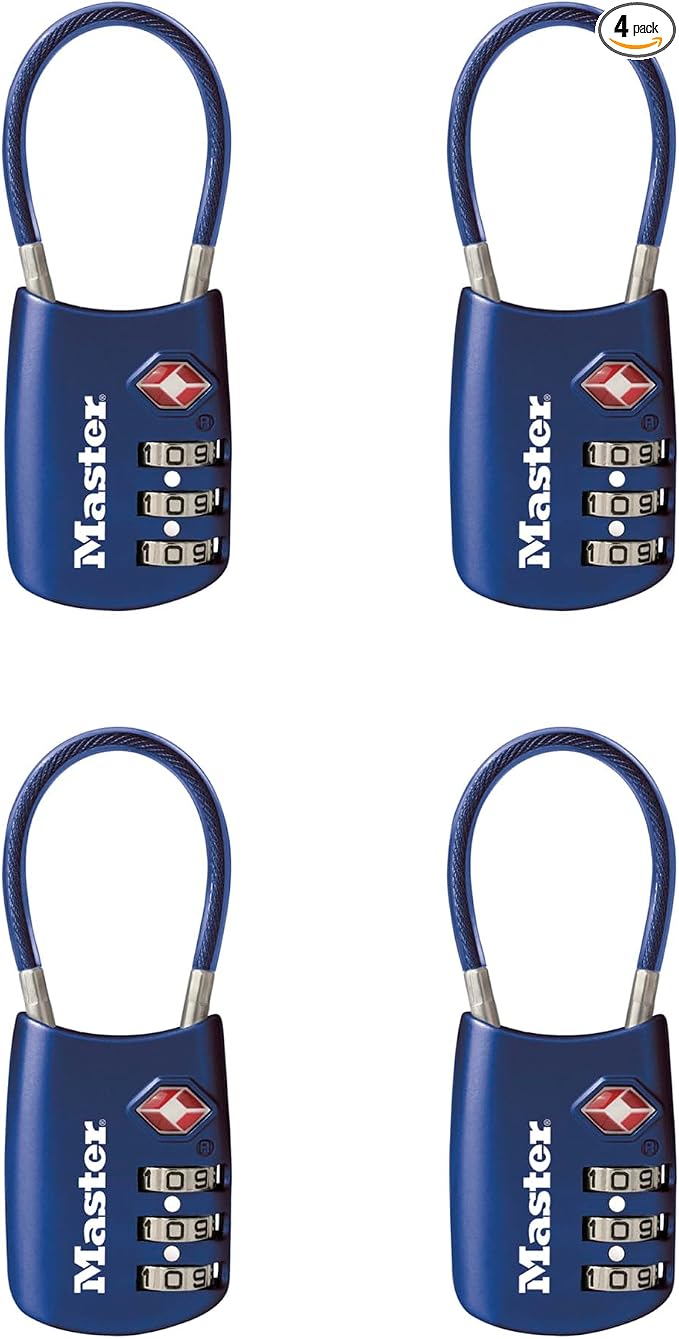 Master Lock TSA Approved Combination Luggage Lock, Blue, 4-Pack 4688BLUEC4 | TSA Accepted Set Your Own Combination Luggage Lock For Suitcases, Backpacks, Travel and Airport Security, 3-digit Lock 4-pack by Unknown