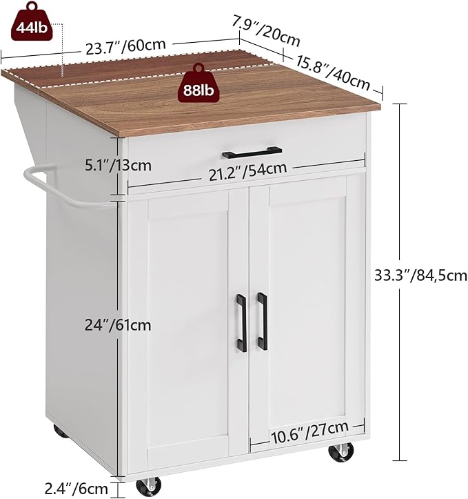 MAHANCRIS Kitchen Island on Wheels with Drop Leaf, Folding Countertop Kitchen Island Cart, Kitchen Island Table with Towel Rack, Drawer, for Kitchen, Dining Room, White and Walnut KIBZ12501 - Image 3