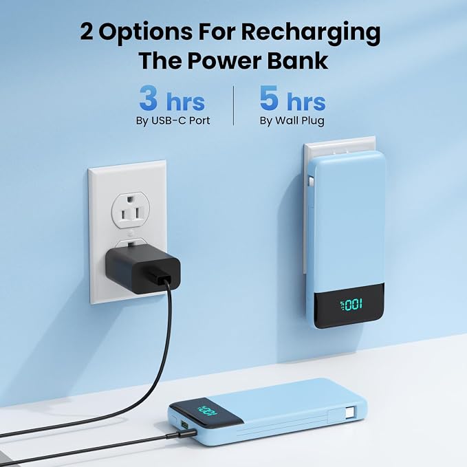 Portable Charger with Built-in AC Plug and Cables,13800mAh All in One USB C Fast Charging Power Bank,Travel Essentials Portable Phone Charger Battery Pack for iPhone 17/16/13,Galaxy,Android-Light Blue - Image 3