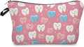 Livel lhood Pink Backgrpund Cartoon Teeth Small Makeup Zipper Bag | Cartoon Teeth Printed Cosmetic Organizer Pouch, Cartoon Teeth Gift for Women Friends by Livel+lhood