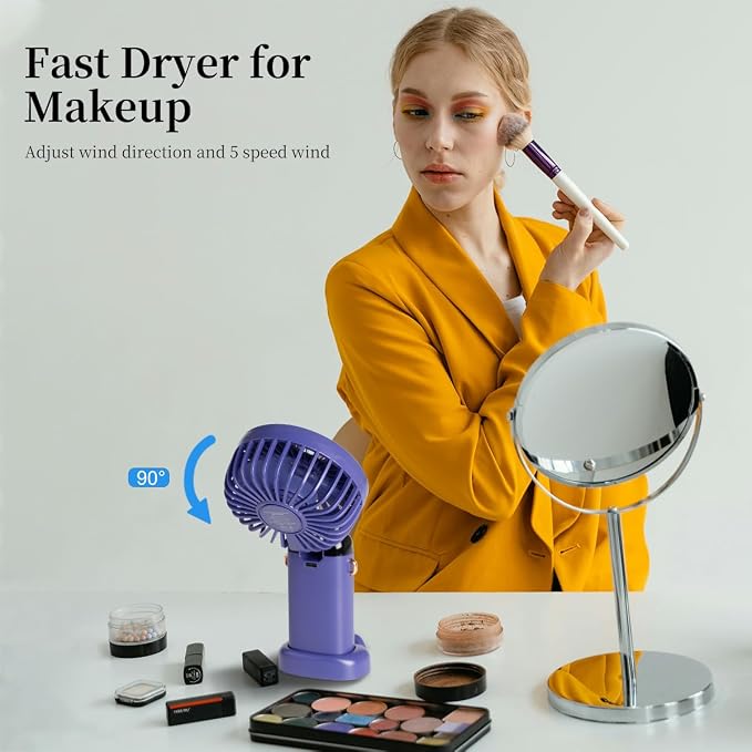 Portable Handheld Fan, 12 hours, Upgrade 3200mAh Portable Fan with LED Display, 90° Foldable, 5 Speed Wind,Hand Held/Neck/Desk 3 in 1 Personal Small Fans, Makeup Fans for Women (Purple) - Image 3