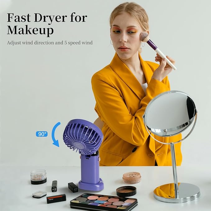 2 PCS Portable Handheld Fan, 12 hours Upgrade 3200mAh Mini Fan with Stand, 90° Foldable, 5 Speed Wind,Hand Held/Neck/Desk 3 in 1 Personal Small Fans, Makeup Fans for Women (Purple, White) - Image 3