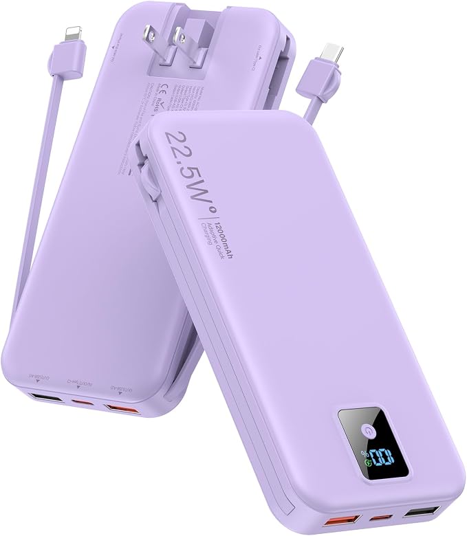 Portable Charger 12000mAh 22.5W w/Built-in Cable & Wall Plug Purple | 22.5W fast charging, LED display, Charging 5 devices at once, Pass through charging, TSA approved, Compatible with iPhone by Rngsnoy