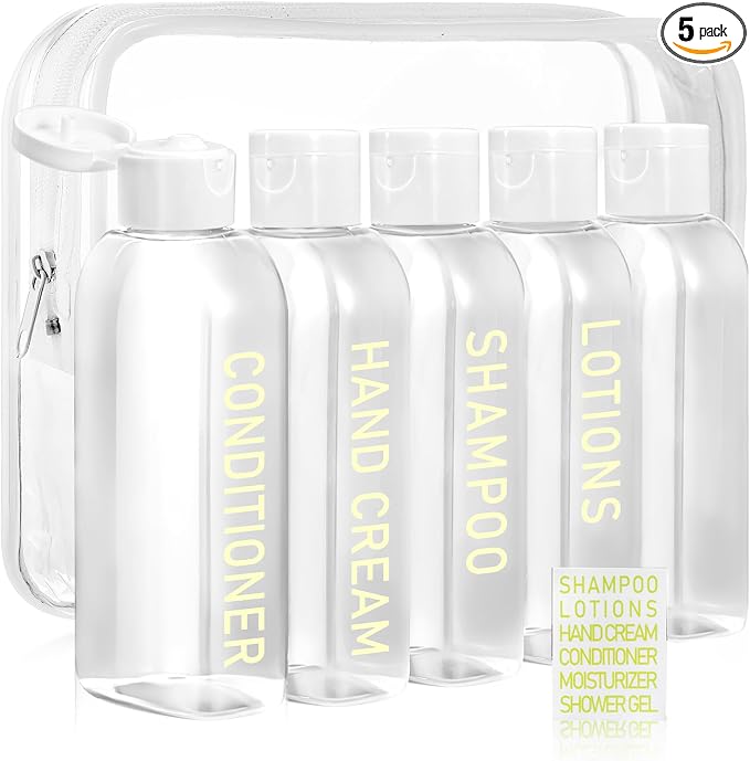 5 Pack Travel Bottles for Toiletries, 3.4oz TSA Approved Travel Containers | Leak Proof Refillable Travel Accessories for Shampoo Conditioner, Plastic Travel Bottles with Toiletry Bag and Label by CHEODIN
