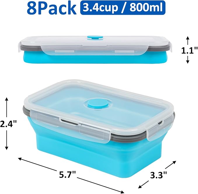 Collapsible Silicone Food Storage Containers Set with Lid & Air Vent,Foldable Lunch Containers (8PCS,Blue,27oz) - Image 3