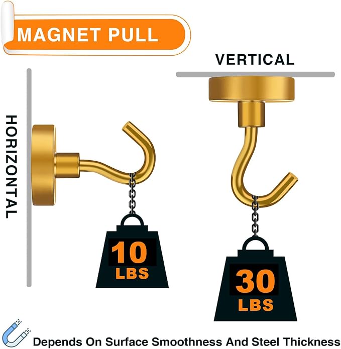 N52 Magnetic Hooks Heavy Duty 30LB+ Strong Magnets with Hook | Cruise Cabin Neodymium Extra Strength Industrial Hooks for Hanging Grill Yellow 4Pack - Image 2