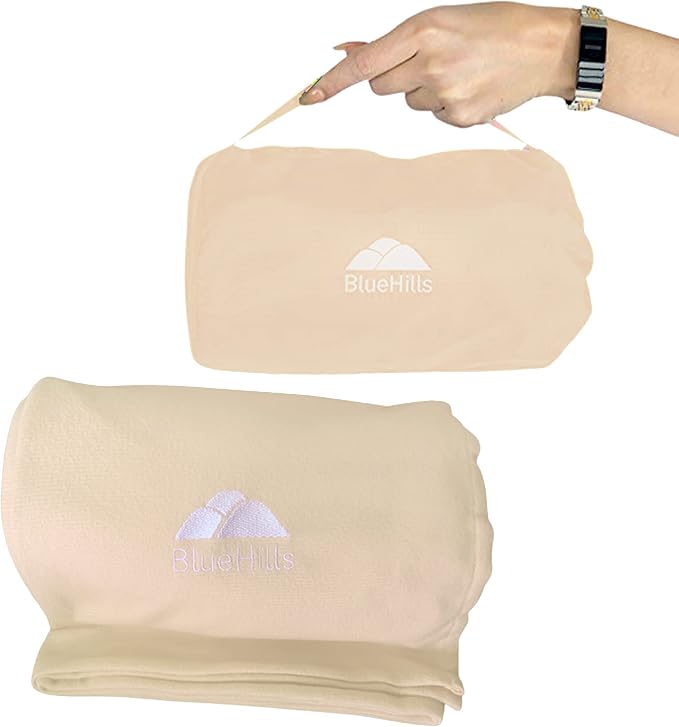 BlueHills Ultra Compact and Compact Light Travel Blankets for Two Value Pack Set of 2 – Airplane Travel Essentials Soft Flight Trips Throw in Portable Cases for Car Plane Travel Gifts – Beige - Image 2