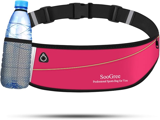 SooGree Slim Running Belt Fanny Packs for Women Men,Water Bottle Holder Hydration Fanny Pouch,Waterproof Sport Waist Pack with Reflective Strip,Runner Belt Bag for Running Cycling Camping Gym (Pink) by SooGree