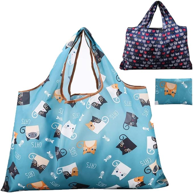 Reusable Grocery Bag, 2 Packs Large Washable | Foldable Eco Friendly Nylon Heavy Duty Fits in Pocket Shopping Tote Bag Mothers Day Gifts (Cattie) by GOPHRALOVE