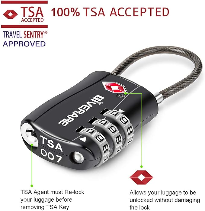 GIVERARE TSA Approved Luggage Locks, Combination Travel Cable Lock, Re-settable 3-Digit Padlocks with Alloy Body, Keyless Travel Sentry Accepted Padlock for Gym Locker, Golf Bag Case, Backpack-Black - Image 2