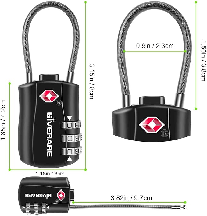 GIVERARE 4 Pack TSA Approved Luggage Locks, Combination Travel Cable Lock, Re-settable 3-Digit Padlocks with Alloy Body, Keyless TSA Padlock for Gym Locker, Golf Bag Case-Black - Image 4