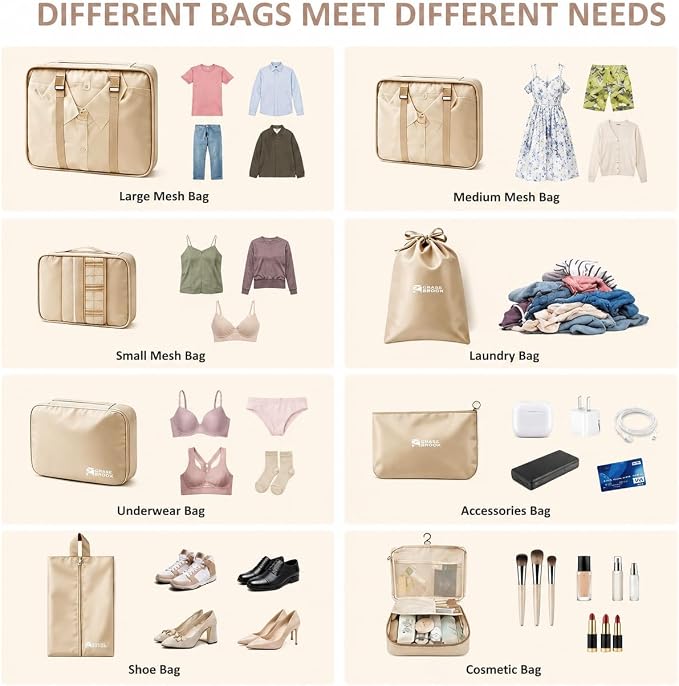 8 Set Packing Cubes for Travel Essentials With Hanging Toiletry Bag for Women, Lightweight Suitcase Organizer Bags with Mackup bag, Carry-On Luggage Accessories (Beige) - Image 4