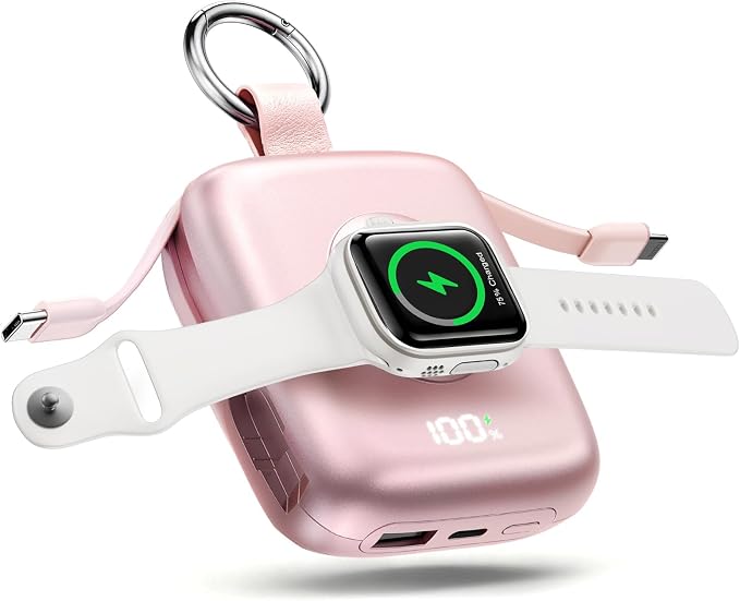 Portable Charger 3 in 1, Smaller 10000mAh Built-in Cables 22.5W Power Bank | Travel Essentials, Fast Charging Keychain Battery Pack for iPhone17/16/15/14/13, Android, iWatch Ultra/11/10/9/8, Pink by Taefoqun