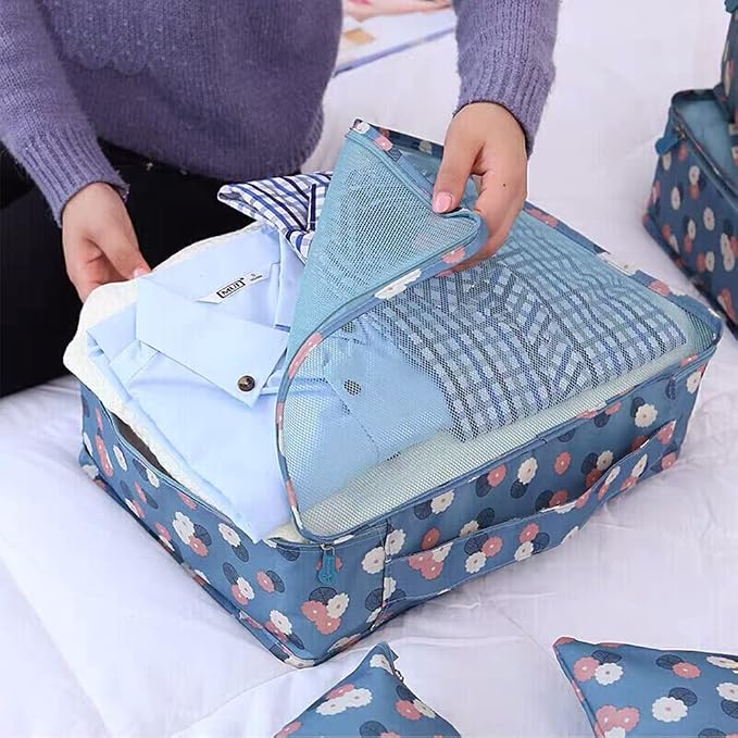 7 Set Packing Cubes Travel Luggage Packing Organizers for Suitcase, Blue Flower - Image 4