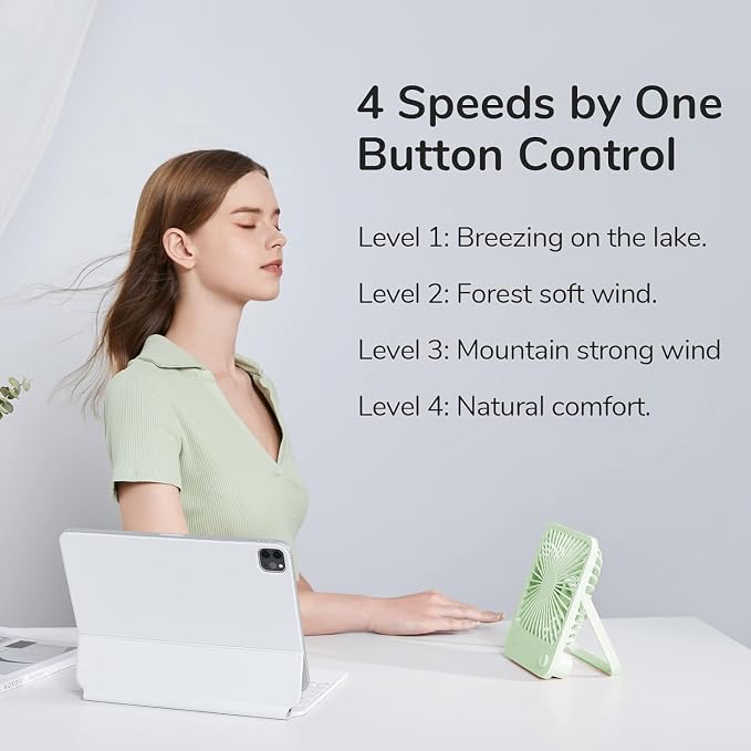 JISULIFE Desk Fan Battery Rechargeable, 180°Foldable Portable Personal Fan | 4500mAh Long-lasting Battery, 4 Speeds Adjustable for Home Office Travel Outdoor Gifts for Women Men-Green - Image 2