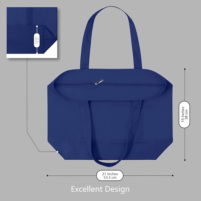 TOPDesign 3-Pack Canvas Tote Bags with an External Pocket, Reusable Grocery Shopping Bags, Top Zipper Closure, Daily Essentials (Blue) - Image 5