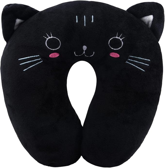 Travel Pillow for Kids, Cute Animal Neck Pillow Support U Shaped Cushion Plush Soft Rest Reading Pillows Sleeping Pillows for Airplane Train Car (Color:Black cat) by Unknown