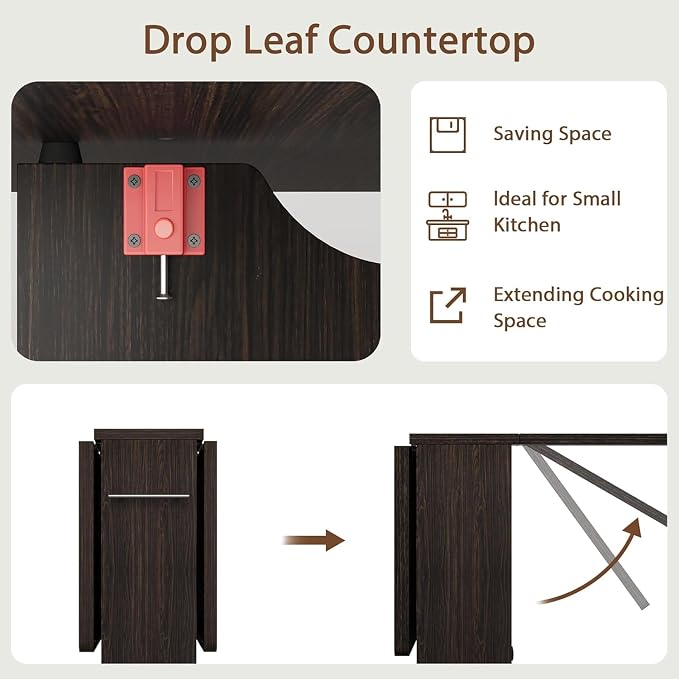 IDEALHOUSE FoldingTable, Drop Leaf Dining Table with 6 Wheels and 2-Layer Storage Shelf, Space Saving Table for Small Spaces (Dark Walnut, 47.2" D x 23.6" W x 29.5" H) - Image 7