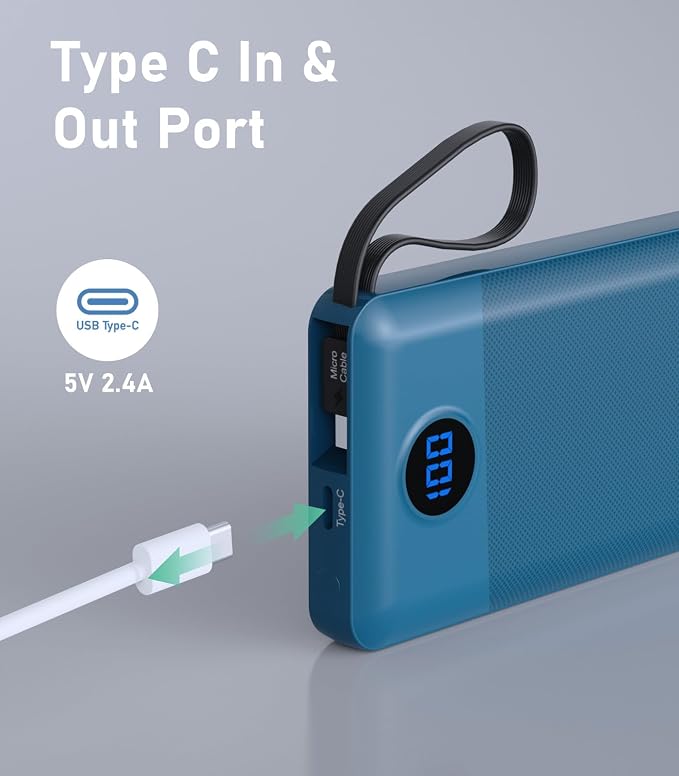 Portable Charger with Built in Cables, Slim 10000mAh Power Bank, USB C Battery Pack Travel, 4 Output 2 Input External Charging Bank for iPhone 17/16/15/14/13,Samsung, Android, etc-Blue(1 Pack) - Image 4