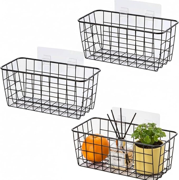 3 Set LeleCAT Adhesive Over the Cabinet Door Wire Baskets for Organizing for Kitchen Food Pantry Bathroom Shelf Storage No Drilling Wall Mounted,Black by HomeSpaceStorageBasket