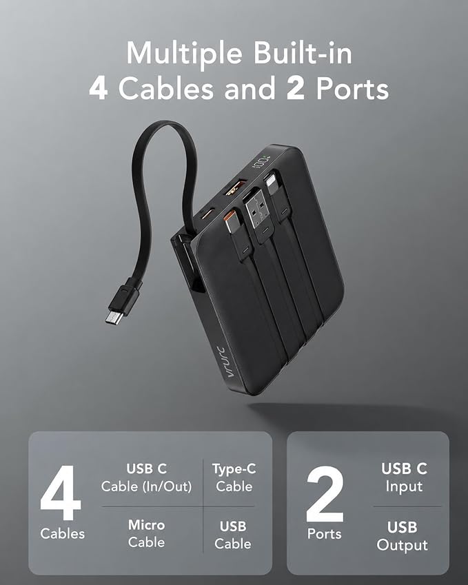 VRURC Portable Charger with Built-in Cables, 10000mAh 22.5W Fast Charging USB C Power Bank with LED Digital Display, Slim Battery Pack for iPhone 17/16/15 & Samsung Galaxy & Android Phones (Black) - Image 2