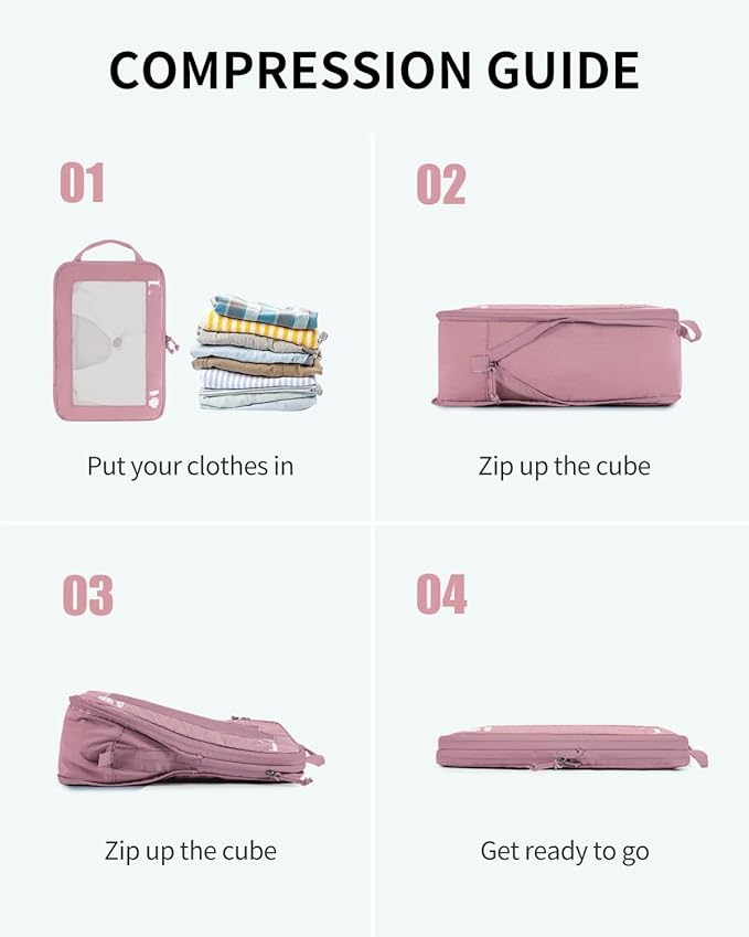 ECOHUB 5 Set Compression Packing Cubes for Suitcases Organiser Bags Set Travel Essentials with Shoe Bag for Traveling Tear-resistant Travel Accessories with ID Tag Expandable Packing Bags(Pink) - Image 2