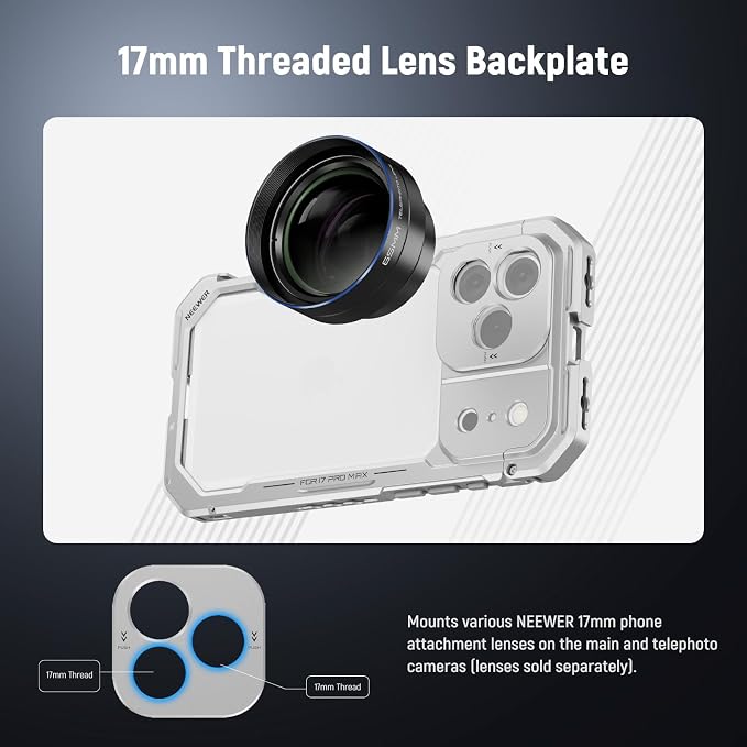 NEEWER Phone Cage Compatible with iPhone 17 Pro Max, Quick Release Video Rig Stabilizer Accessories with 67mm Filter Ring, 17mm Lens Backplate, T Mount Adapter, 4X Camera Control Cap, PA144 (Silver) - Image 3