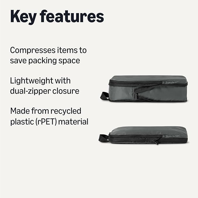 Amazon Essentials Ultralight Compression Packing Cubes, Recycled Fabric, 2 Zippers, 4-Pack, Grey, for Suitcases or Backpacks - Image 2