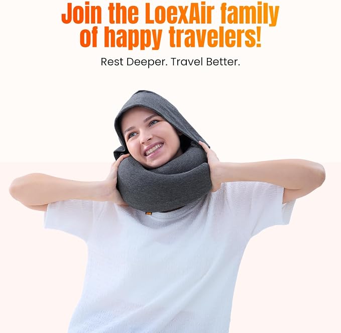 LOEXAIR™ Hooded Pro Travel Pillow - Memory Foam Neck Support Pillow for Airplane, Flight - Super-Soft Pure Cotton Fabric, Maximum Privacy & Light-Block Design, Lightweight Full Travel Kit - Dark Grey - Image 9