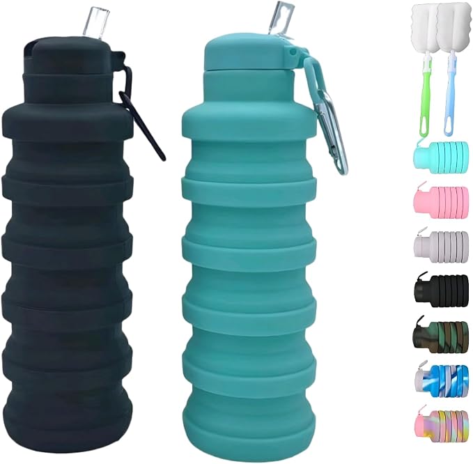 Collapsible water bottles 2 Pack with brush 500ml (Black+Aqua blue) | BPA Free Travel Silicone Water Bottle with Carabiner,Reusable Foldable Portable Sports bottles for Gym Camping Hiking by LIZADIN