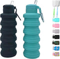 Collapsible water bottles 2 Pack with brush 500ml (Black+Aqua blue) | BPA Free Travel Silicone Water Bottle with Carabiner,Reusable Foldable Portable Sports bottles for Gym Camping Hiking by LIZADIN