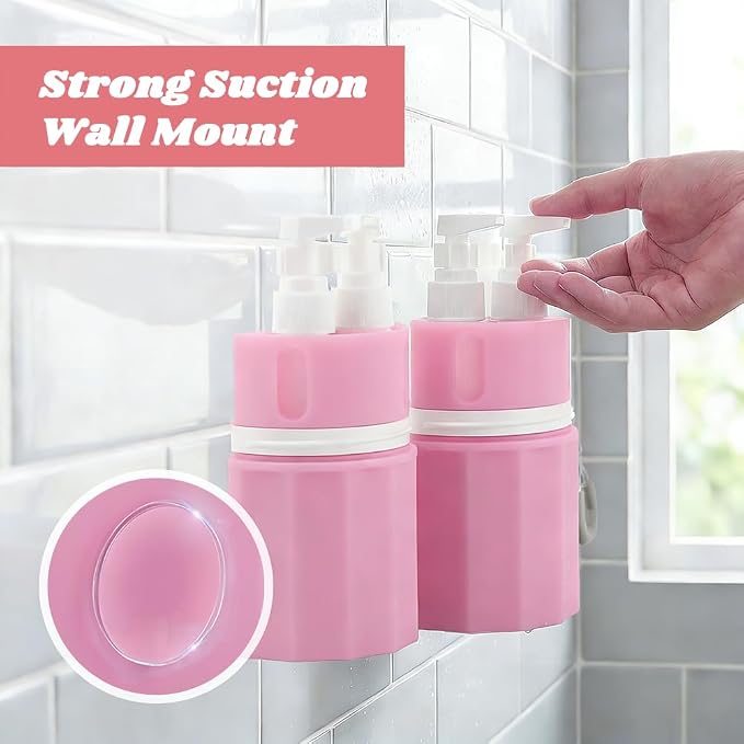 4 in 1 Wall Suction Travel Dispenser Bottles, TSA Approved Leak Proof Travel Size Toiletries Containers with Funnel Labels Bag, Refillable Shampoo Dispenser Kit, Pink - Image 6