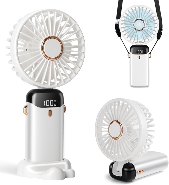 Portable Handheld Fan, 12 hours, Upgrade 3200mAh Portable Fan with LED Display, 90° Foldable, 5 Speed Wind,Hand Held/Neck/Desk 3 in 1 Personal Small Fans, Makeup Fans for Women (White) by Unknown