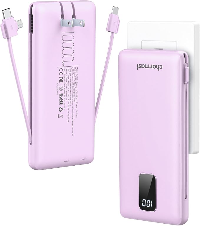 charmast Portable Charger with Built-in Cables and AC Wall Plug | 10000mAh Power Bank with 4 Outputs,USB-C & USB-A Battery Pack,Slim Travel Phone Charger for iPhone,iPad,Samsung,Android by charmast