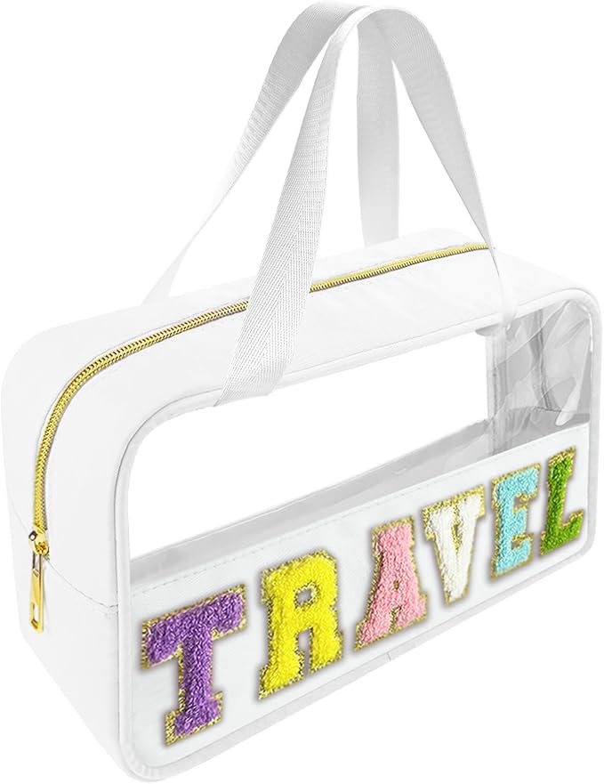Bunliuys Chenille Letter Clear Makeup Bag Travel Patch, Travel Toiletry Makeup Bag with Handle, Nylon Waterproof Makeup Bags clear cosmetic bag, preppy patch makeup bag for Women (TRAVEL-White) by Bunliuys