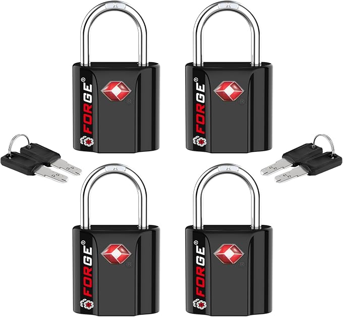 TSA Approved Luggage Locks, Ultra-Secure Dimple Key Travel Locks with Zinc Alloy Body, Black 4 Pack by Forge