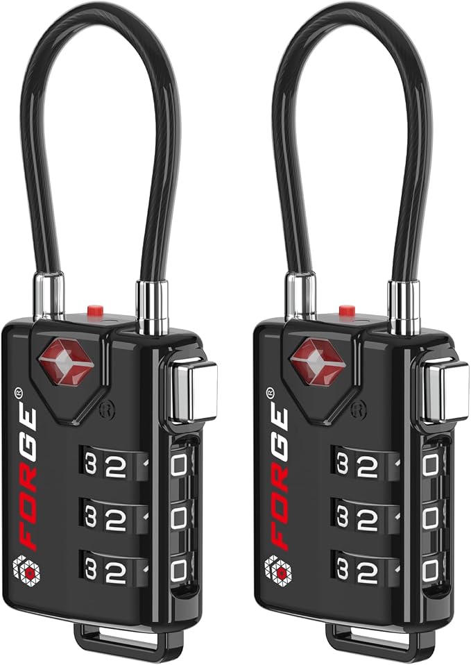 TSA Approved Cable Luggage Locks, Re-settable Combination with Alloy Body, Black 2 Locks. by Forge