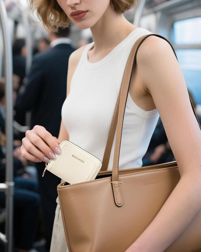 BOSTANTEN Credit Card Holder RFID Small Wallets Woman Zipper Card Wallet | Slim, Compact, Front Pocket, Accordion, Vegan Leather, Thin for Daily Use, Travel, Gifts for Women, Beige - Image 6