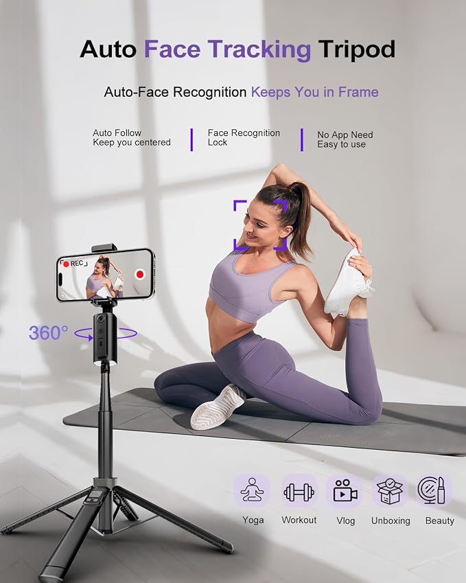 59" Extendable 360° Auto Face Tracking Phone Stand with Remote and Fill Light, No App Needed, Black Tracking Tripod for iOS and Android, Ideal for Content Creators and Video Recording - Image 3